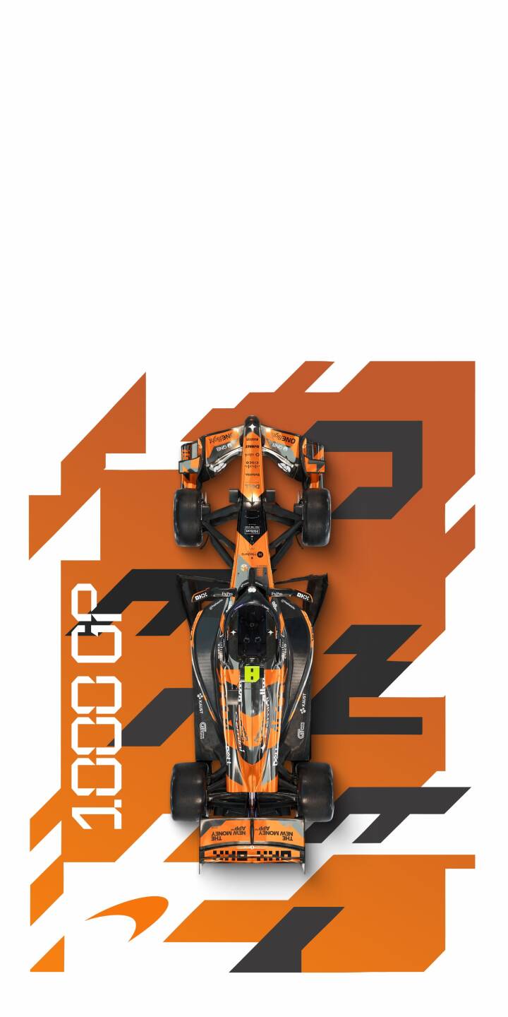 A vibrant orange and black McLaren F1 car, the MCL36, is captured in a stunning top-down perspective, highlighting its sleek design against a bold abstract graphic featuring '1000 GP' in this dynamic 4K wallpaper. This high-octane race car wallpaper offers an exhilarating look perfect for your iPhone. | orange race car iphone mclaren motorsport wallpaper f1 racing formula 1 mobile 4k wallpaper hd wallpaper A vibrant orange and black McLaren F1 car, the MCL36, is captured in a stunning top-down perspective, highlighting its sleek design against a bold abstract graphic featuring '1000 GP' in this dynamic 4K wallpaper. This high-octane race car wallpaper offers an exhilarating look perfect for your iPhone.
