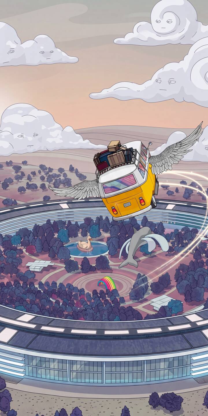 A vibrant yellow Volkswagen camper van soars with majestic wings, laden with luggage, above a surreal circular park where clouds with faces drift in the peach sky, making an enchanting 4K wallpaper — a truly unique and dreamy wallpaper for your iPhone display. | cartoon iphone fantasy wallpaper volkswagen mobile 4k wallpaper hd wallpaper surreal camper van vw bus winged van A vibrant yellow Volkswagen camper van soars with majestic wings, laden with luggage, above a surreal circular park where clouds with faces drift in the peach sky, making an enchanting 4K wallpaper — a truly unique and dreamy wallpaper for your iPhone display.