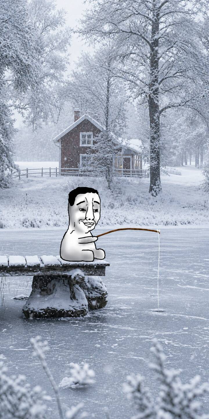 The iconic Soyjak meme character smiles faintly as he ice fishes on a serene, frozen lake in this beautiful 4K wallpaper, featuring a rustic red house in the snowy background. This calming wallpaper is perfect for your iPhone. | meme winter snowy iphone wallpaper mobile 4k wallpaper hd wallpaper wojak soyjak ice fishing The iconic Soyjak meme character smiles faintly as he ice fishes on a serene, frozen lake in this beautiful 4K wallpaper, featuring a rustic red house in the snowy background. This calming wallpaper is perfect for your iPhone.