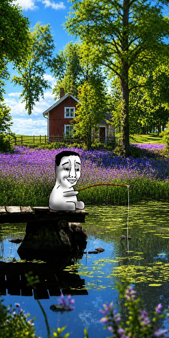 The iconic white Soyjak meme character smiles serenely as he fishes from a rustic dock, set against a stunning 4K backdrop of a red cottage and vibrant purple flower field. This whimsical wallpaper for iPhone is perfect for meme enthusiasts looking for a peaceful scene. | aesthetic meme iphone nature wallpaper mobile fishing peaceful cabin 4k wallpaper hd wallpaper soyjak The iconic white Soyjak meme character smiles serenely as he fishes from a rustic dock, set against a stunning 4K backdrop of a red cottage and vibrant purple flower field. This whimsical wallpaper for iPhone is perfect for meme enthusiasts looking for a peaceful scene.