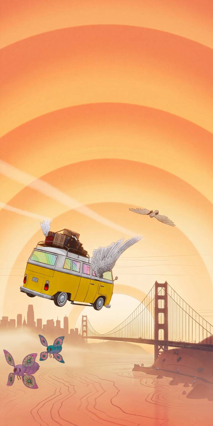 A whimsical winged Volkswagen bus soars above the Golden Gate Bridge at sunset in this surreal 4K wallpaper for iPhone fans. Complete with colorful luggage and fantastical flying creatures, this vibrant wallpaper captures a dreamy sense of adventure. | sunset golden gate bridge iphone wallpaper mobile whimsical 4k wallpaper hd wallpaper surreal art adventure vw bus flying van A whimsical winged Volkswagen bus soars above the Golden Gate Bridge at sunset in this surreal 4K wallpaper for iPhone fans. Complete with colorful luggage and fantastical flying creatures, this vibrant wallpaper captures a dreamy sense of adventure.