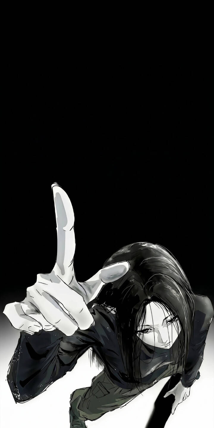 A sharp, elongated finger points boldly upwards from the bottom of the frame, belonging to Illumi Zoldyck who fixes an intense, downward gaze in this striking 4K wallpaper. This captivating monochrome wallpaper, highlighted by the stark black background, is perfect for any iPhone, embodying a truly enigmatic mood. | aesthetic dark anime iphone wallpaper mobile 4k wallpaper hd wallpaper monochrome hunter x hunter hxh illumi zoldyck A sharp, elongated finger points boldly upwards from the bottom of the frame, belonging to Illumi Zoldyck who fixes an intense, downward gaze in this striking 4K wallpaper. This captivating monochrome wallpaper, highlighted by the stark black background, is perfect for any iPhone, embodying a truly enigmatic mood.