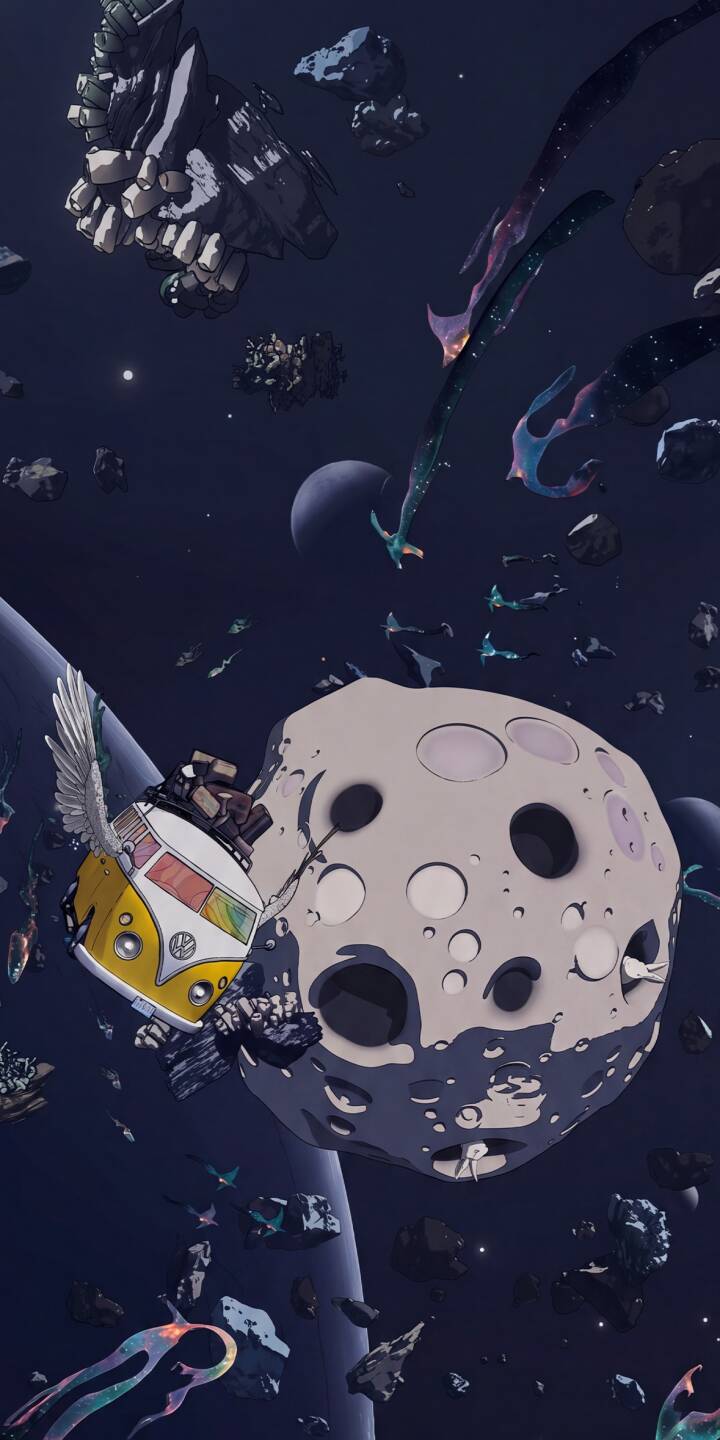 A vibrant yellow Combi Van, adorned with white wings and rainbow stripes, embarks on a surreal cosmic journey past a cratered asteroid in this stunning 4K wallpaper. This whimsical scene makes a perfect wallpaper for iPhone users seeking a dreamy space adventure. | aesthetic iphone wallpaper mobile whimsical 4k wallpaper hd wallpaper space travel surreal cosmic volkswagen bus combi van A vibrant yellow Combi Van, adorned with white wings and rainbow stripes, embarks on a surreal cosmic journey past a cratered asteroid in this stunning 4K wallpaper. This whimsical scene makes a perfect wallpaper for iPhone users seeking a dreamy space adventure.