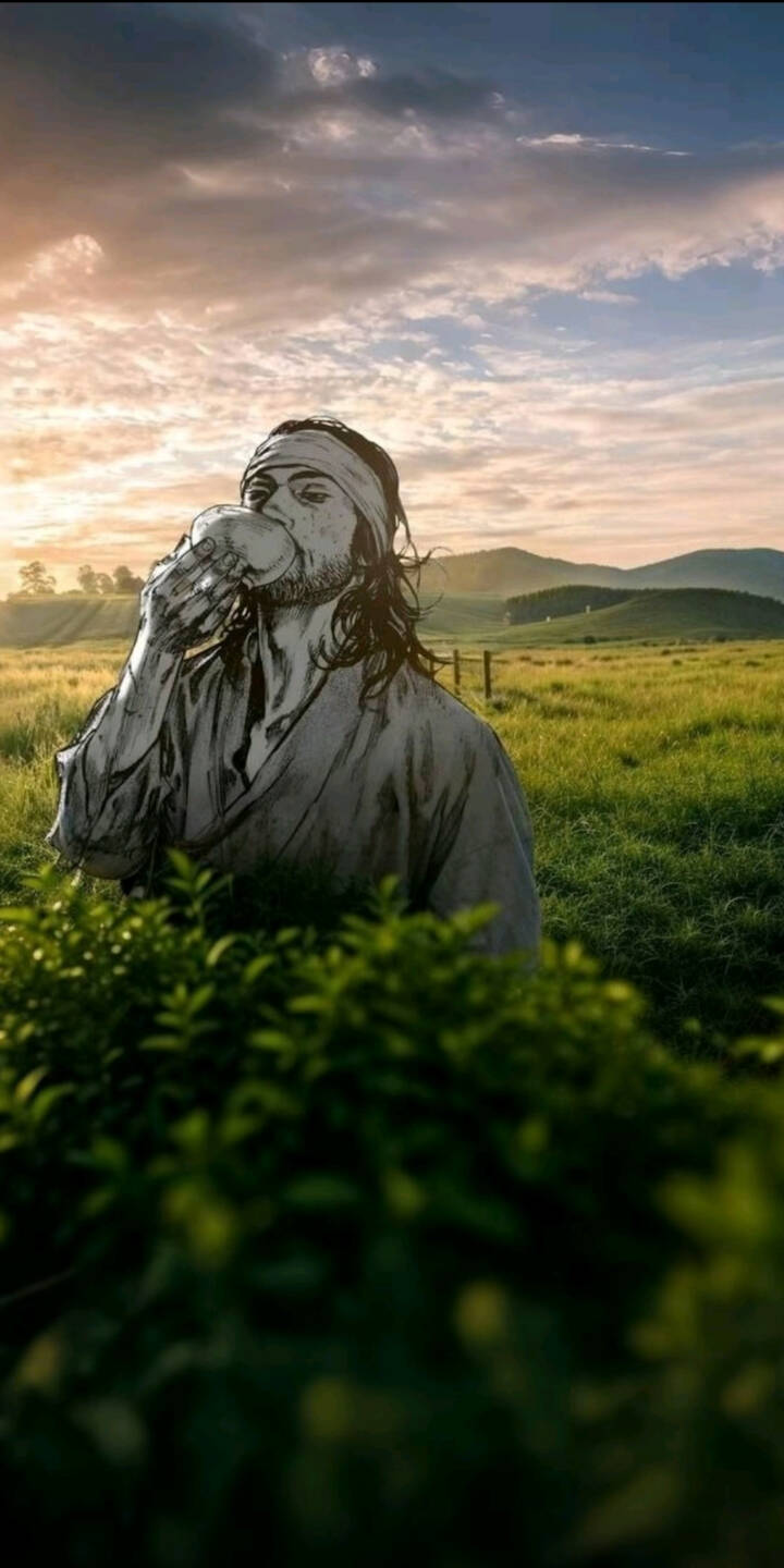 The monochrome figure of a ronin intently drinks from a gourd, standing out against a breathtaking golden hour landscape of green fields and distant hills in this stunning 4K wallpaper. This captivating blend of manga art and realistic scenery makes it an essential wallpaper for iPhone users seeking a unique and serene visual. | landscape manga iphone nature wallpaper mobile vagabond golden hour 4k wallpaper hd wallpaper monochrome ronin The monochrome figure of a ronin intently drinks from a gourd, standing out against a breathtaking golden hour landscape of green fields and distant hills in this stunning 4K wallpaper. This captivating blend of manga art and realistic scenery makes it an essential wallpaper for iPhone users seeking a unique and serene visual.