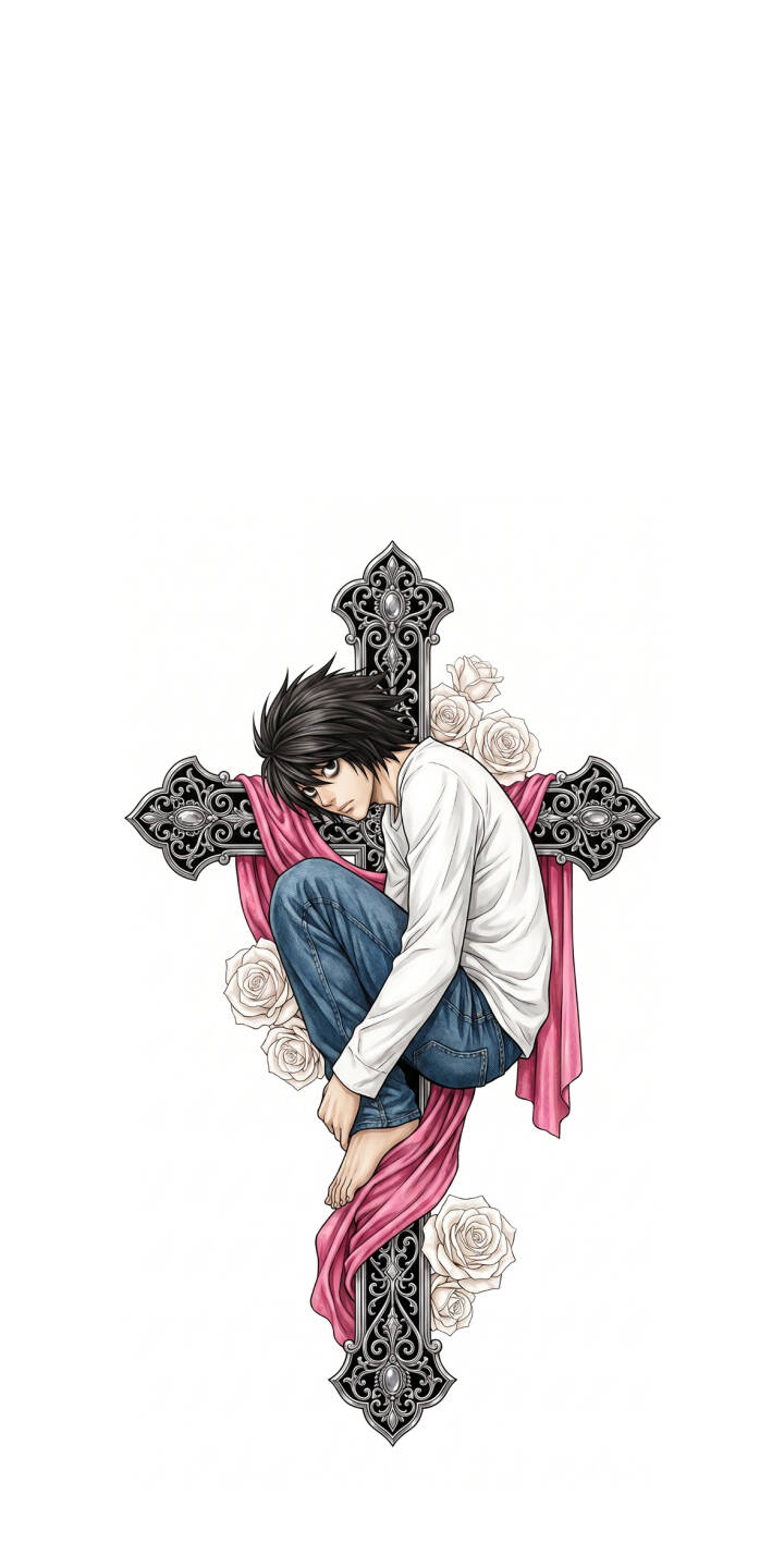 L Lawliet sits in his iconic hunched pose atop an ornate gothic cross adorned with white roses and flowing pink fabric in this striking 4K wallpaper for iPhone. This detailed anime wallpaper captures the detective's melancholic intensity, perfect for fans of the series. | aesthetic anime iphone wallpaper mobile 4k wallpaper hd wallpaper gothic cross death note l melancholy l lawliet L Lawliet sits in his iconic hunched pose atop an ornate gothic cross adorned with white roses and flowing pink fabric in this striking 4K wallpaper for iPhone. This detailed anime wallpaper captures the detective's melancholic intensity, perfect for fans of the series.