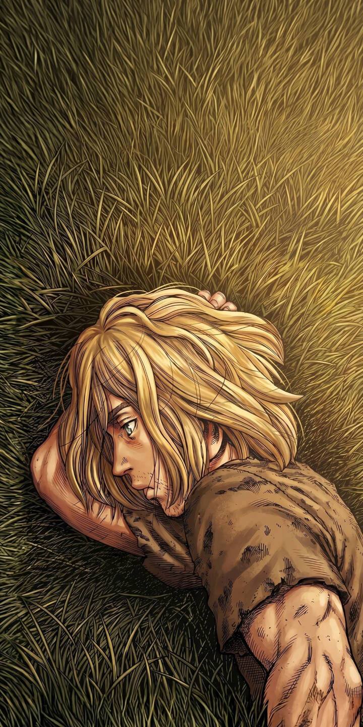Golden sunlight illuminates Thorfinn's blonde hair as he lies pensively on lush green grass in this poignant 4K wallpaper — an essential wallpaper for iPhone users seeking a serene yet dramatic scene. | aesthetic grass anime manga iphone wallpaper mobile 4k wallpaper hd wallpaper thorfinn vinland saga serene Golden sunlight illuminates Thorfinn's blonde hair as he lies pensively on lush green grass in this poignant 4K wallpaper — an essential wallpaper for iPhone users seeking a serene yet dramatic scene.