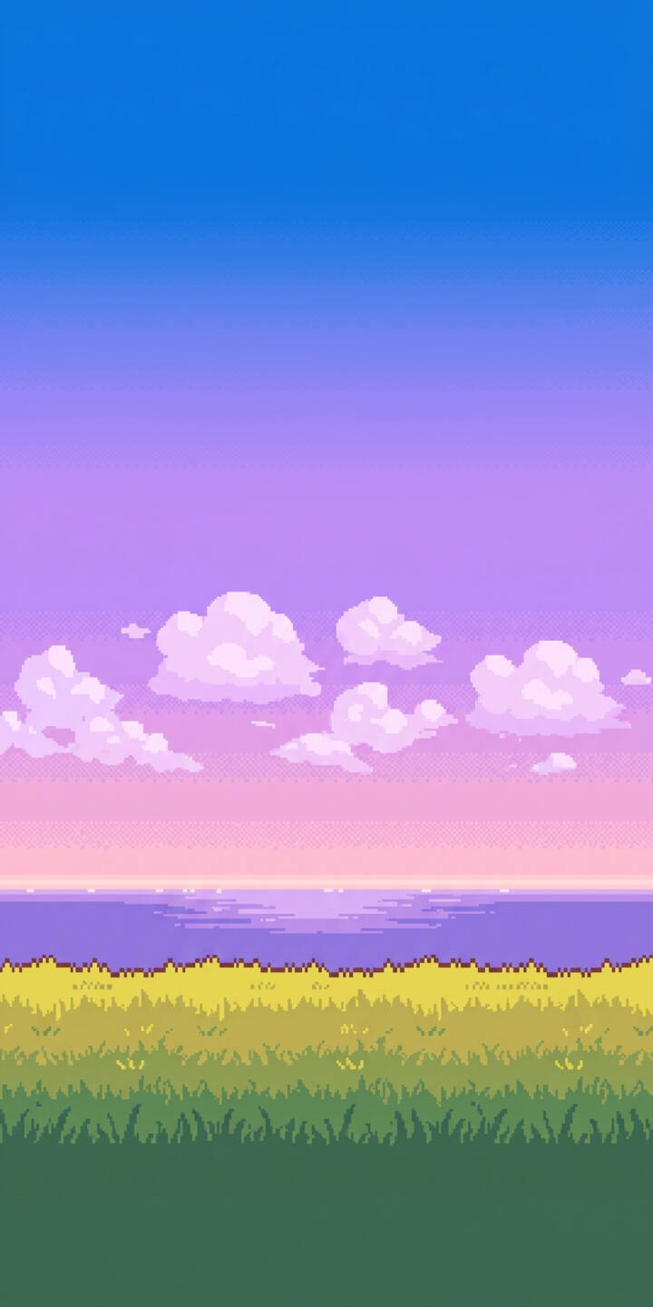 A vibrant gradient sky transitioning from blue to soft purple, adorned with fluffy pixel clouds, stretches over a glistening pixel art ocean, making this serene 4K landscape wallpaper an ideal choice for your iPhone. This aesthetic pixel wallpaper perfectly captures a nostalgic sunset scene. | aesthetic landscape sunset nostalgic iphone ocean wallpaper mobile pixel art 4k wallpaper hd wallpaper pixel clouds A vibrant gradient sky transitioning from blue to soft purple, adorned with fluffy pixel clouds, stretches over a glistening pixel art ocean, making this serene 4K landscape wallpaper an ideal choice for your iPhone. This aesthetic pixel wallpaper perfectly captures a nostalgic sunset scene.
