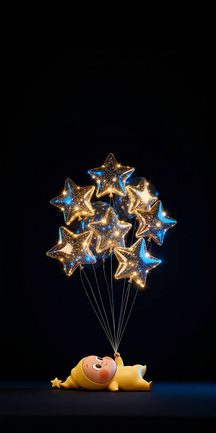 A heartwarming cluster of sparkling, gold-dusted star balloons, softly lit with blue and yellow hues, floats above a charming baby character in a yellow suit looking upwards in this delightful 4K wallpaper; it's a perfect whimsical wallpaper for your iPhone screen. | yellow baby cute iphone character stars wallpaper mobile balloons 4k wallpaper hd wallpaper glitter A heartwarming cluster of sparkling, gold-dusted star balloons, softly lit with blue and yellow hues, floats above a charming baby character in a yellow suit looking upwards in this delightful 4K wallpaper; it's a perfect whimsical wallpaper for your iPhone screen.
