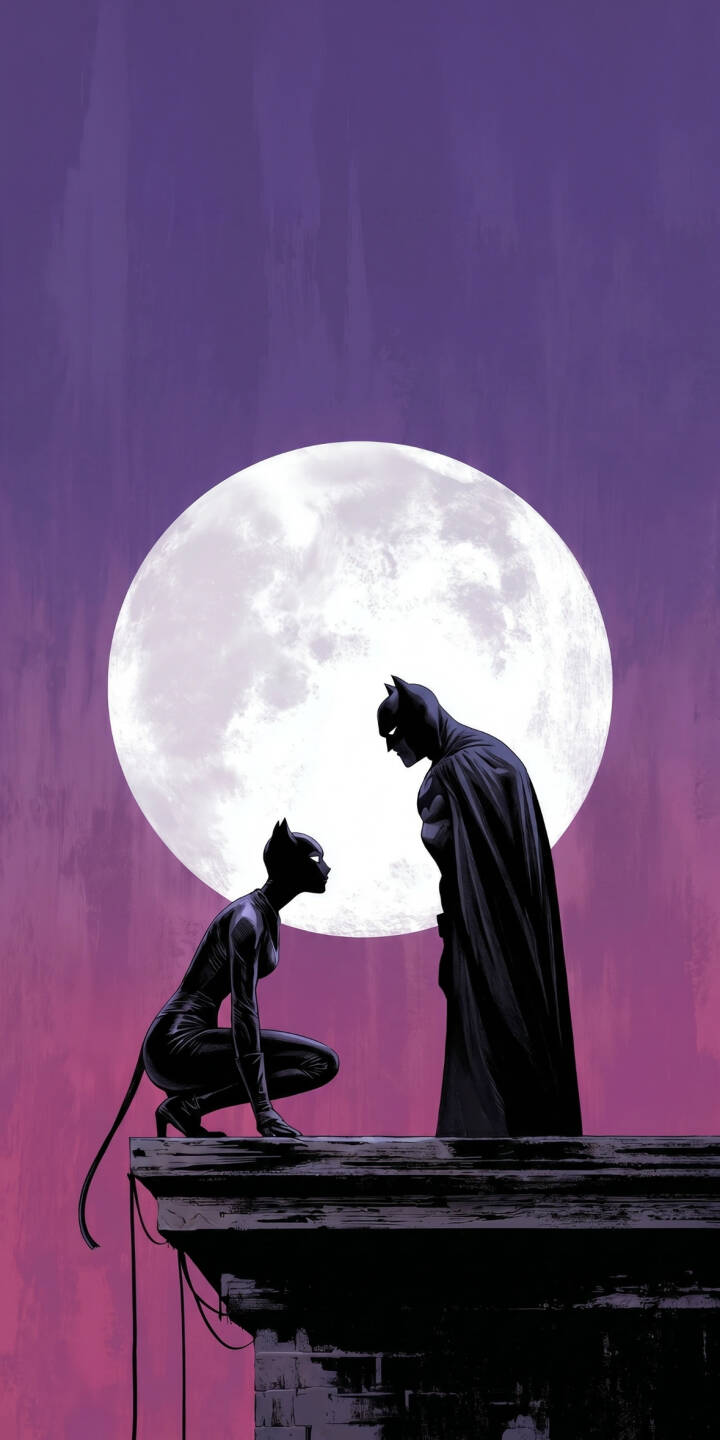 Under a giant luminous moon, Catwoman crouches on a grimy Gotham rooftop, looking up at Batman in this atmospheric 4K wallpaper, a perfect visual narrative for any iPhone wallpaper display. | moonlight batman iphone wallpaper rooftop catwoman dark knight mobile comic art 4k wallpaper hd wallpaper dc comics Under a giant luminous moon, Catwoman crouches on a grimy Gotham rooftop, looking up at Batman in this atmospheric 4K wallpaper, a perfect visual narrative for any iPhone wallpaper display.