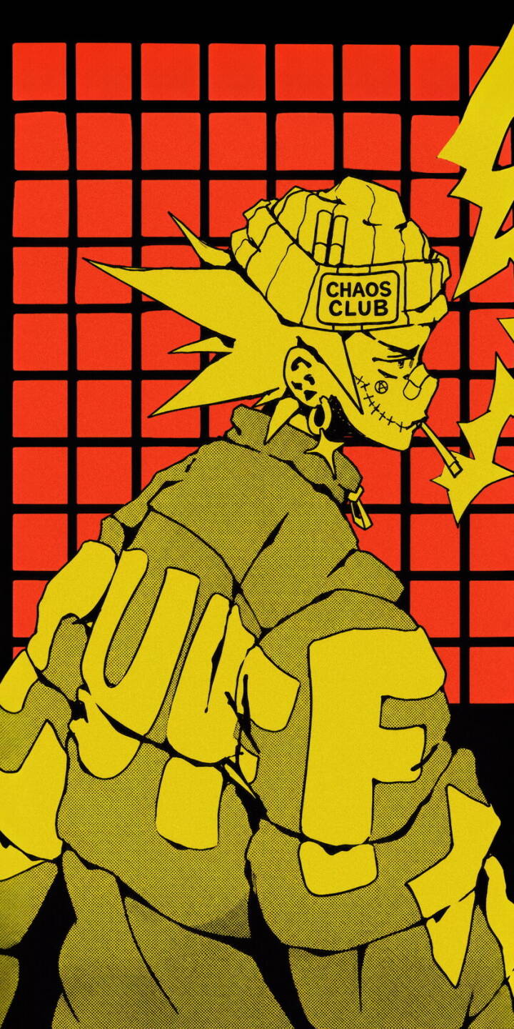 A yellow-skinned punk character with a stitched mouth and a "CHAOS CLUB" beanie boldly stands against a vibrant red grid, making an impactful 4K wallpaper for your iPhone. This edgy, graphic art style offers a unique and rebellious wallpaper experience. | aesthetic illustration street art iphone wallpaper mobile rebel 4k wallpaper hd wallpaper grunge punk chaos club A yellow-skinned punk character with a stitched mouth and a "CHAOS CLUB" beanie boldly stands against a vibrant red grid, making an impactful 4K wallpaper for your iPhone. This edgy, graphic art style offers a unique and rebellious wallpaper experience.