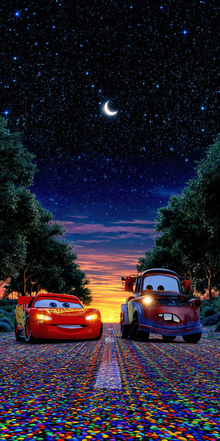 Under a breathtaking starry night sky with a glowing crescent moon, Lightning McQueen and Mater stand side-by-side on a uniquely vibrant, colorful road in this stunning 4K wallpaper. This perfect iPhone wallpaper for fans of the iconic duo also captures a warm sunset horizon. | disney sunset animated iphone wallpaper starry night mobile 4k wallpaper hd wallpaper lightning mcqueen mater cars pixar Under a breathtaking starry night sky with a glowing crescent moon, Lightning McQueen and Mater stand side-by-side on a uniquely vibrant, colorful road in this stunning 4K wallpaper. This perfect iPhone wallpaper for fans of the iconic duo also captures a warm sunset horizon.