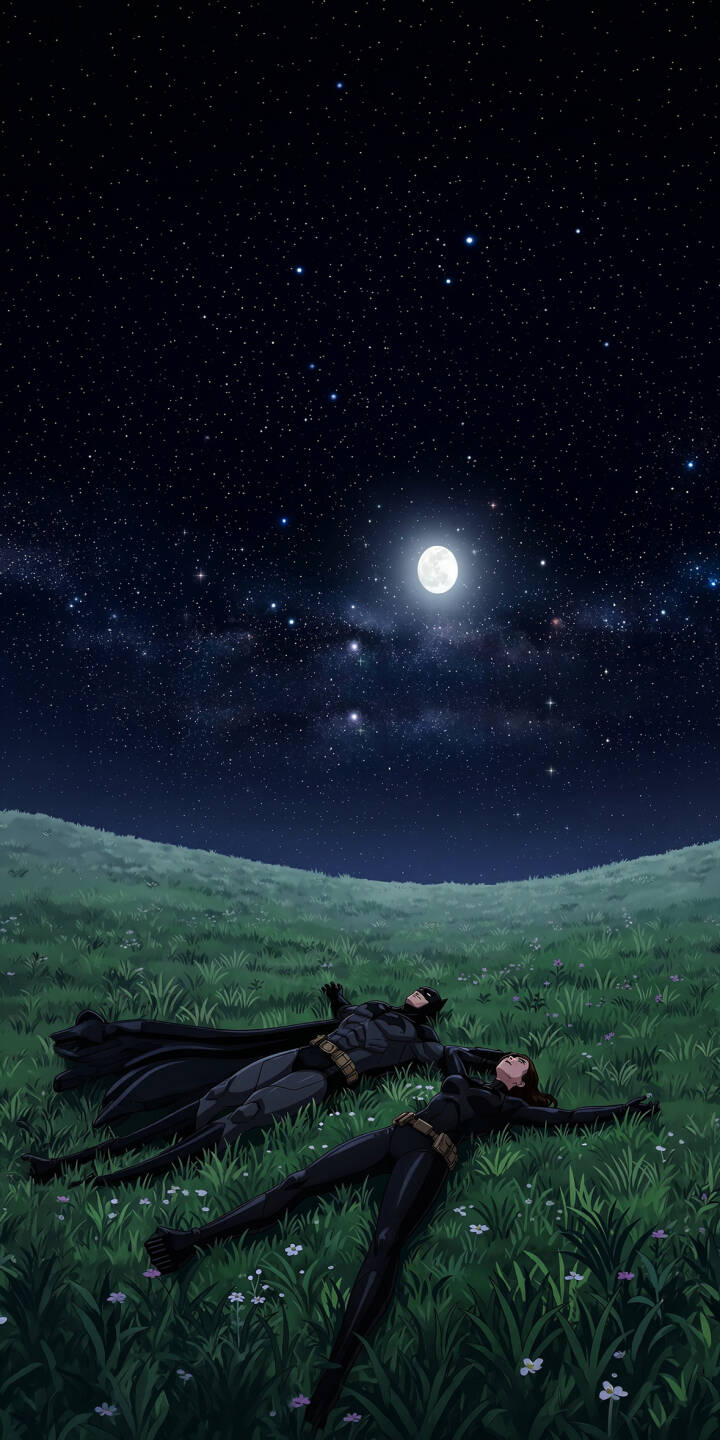 Bat and Cat relax side-by-side in a lush green field, eyes fixed on the brilliant full moon and vast starry 4K night sky in this romantic digital wallpaper. This serene moment captured for your iPhone makes for a captivating and peaceful lock screen wallpaper. | batman moon night sky iphone wallpaper catwoman mobile 4k wallpaper hd wallpaper anime art stargazing dc comics Bat and Cat relax side-by-side in a lush green field, eyes fixed on the brilliant full moon and vast starry 4K night sky in this romantic digital wallpaper. This serene moment captured for your iPhone makes for a captivating and peaceful lock screen wallpaper.