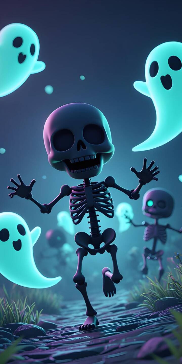 With a wide, joyful grin, a cartoon skeleton dances amidst an array of glowing cyan ghosts and eerie purple mist in this captivating 4K wallpaper — a must-have Halloween wallpaper for personalizing your iPhone. | cartoon skeleton neon halloween cute iphone spooky wallpaper mobile ghosts 4k wallpaper hd wallpaper With a wide, joyful grin, a cartoon skeleton dances amidst an array of glowing cyan ghosts and eerie purple mist in this captivating 4K wallpaper — a must-have Halloween wallpaper for personalizing your iPhone.