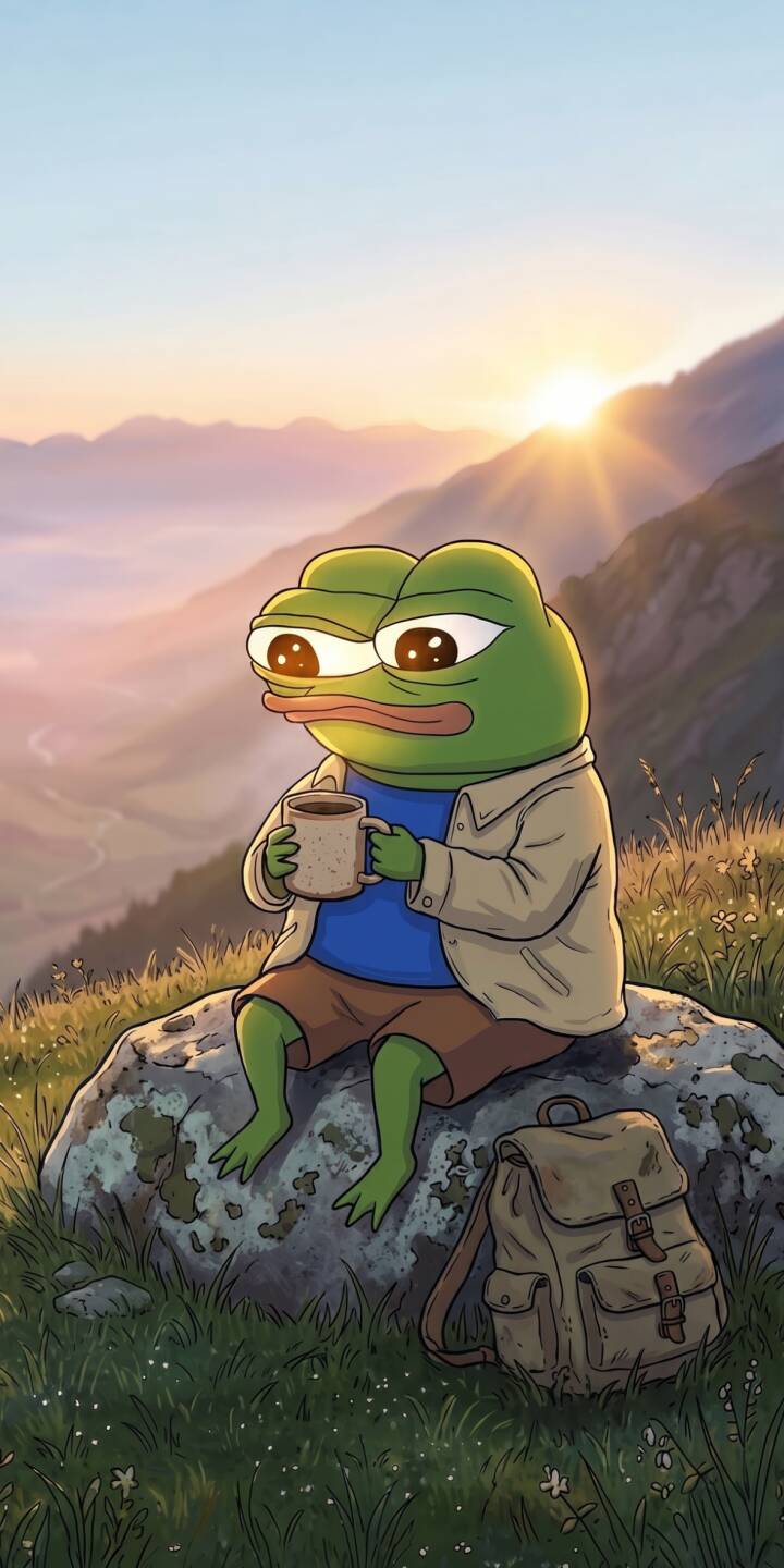 The serene golden hour sunlight bathes the reflective Pepe the frog as he sits on a mossy rock, holding a steaming mug overlooking a vast mountain range. This peaceful 4K wallpaper is a perfect iPhone wallpaper for quiet contemplation and beautiful vistas. | meme iphone nature mountains wallpaper pepe mobile golden hour peaceful 4k wallpaper hd wallpaper pepe frog The serene golden hour sunlight bathes the reflective Pepe the frog as he sits on a mossy rock, holding a steaming mug overlooking a vast mountain range. This peaceful 4K wallpaper is a perfect iPhone wallpaper for quiet contemplation and beautiful vistas.