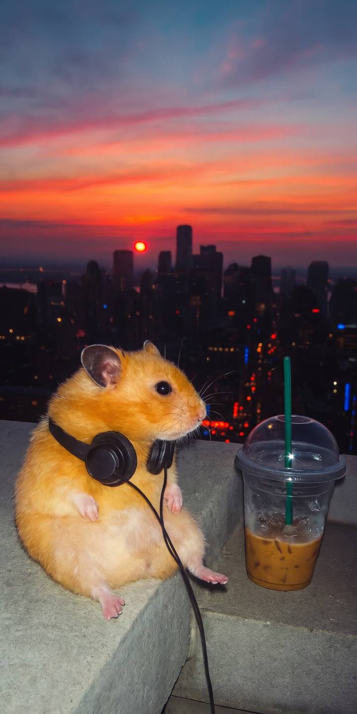 A golden hamster wearing black headphones gazes at a breathtaking sunset over a sprawling cityscape, with an iced coffee conveniently placed nearby. This adorable 4K wallpaper captures a moment of ultimate chill, making it a must-have iPhone wallpaper. | aesthetic sunset iphone wallpaper mobile headphones hamster 4k wallpaper hd wallpaper cityscape cute hamster golden hamster A golden hamster wearing black headphones gazes at a breathtaking sunset over a sprawling cityscape, with an iced coffee conveniently placed nearby. This adorable 4K wallpaper captures a moment of ultimate chill, making it a must-have iPhone wallpaper.