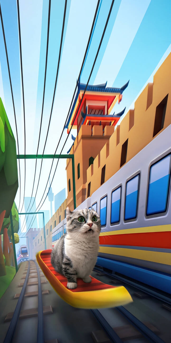 A realistic tabby cat fearlessly rides a vibrant yellow hoverboard along detailed subway tracks, dodging unseen obstacles in this striking 4K wallpaper. This charming wallpaper for iPhone captures the whimsical adventure of a feline in a stylized urban environment. | cat cute iphone gaming wallpaper mobile 4k wallpaper hd wallpaper stylized adventure subway surfers hoverboard A realistic tabby cat fearlessly rides a vibrant yellow hoverboard along detailed subway tracks, dodging unseen obstacles in this striking 4K wallpaper. This charming wallpaper for iPhone captures the whimsical adventure of a feline in a stylized urban environment.