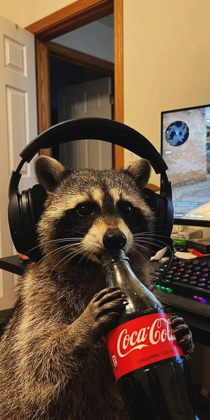 With headphones casually perched and an intense gaze, this clever raccoon sips from a Coca-Cola bottle, creating a charmingly unexpected 4K gaming wallpaper. This unique scene, featuring a vibrant RGB keyboard and a desktop monitor displaying a game, is an ideal wallpaper for iPhone users. | funny cute iphone gaming wallpaper raccoon coca cola mobile headphones 4k wallpaper hd wallpaper gamer raccoon With headphones casually perched and an intense gaze, this clever raccoon sips from a Coca-Cola bottle, creating a charmingly unexpected 4K gaming wallpaper. This unique scene, featuring a vibrant RGB keyboard and a desktop monitor displaying a game, is an ideal wallpaper for iPhone users.