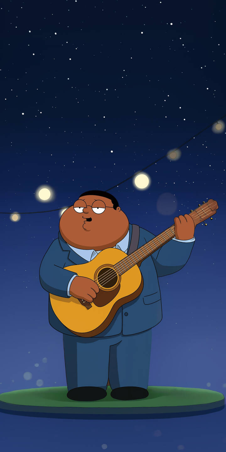 Under a blanket of twinkling stars and warm string lights, Cleveland Brown from Family Guy serenades the night, playing his acoustic guitar with a gentle expression in this charming 4K wallpaper. This delightful scene makes a perfect wallpaper for iPhone users. | cartoon music night sky iphone wallpaper guitar family guy mobile 4k wallpaper hd wallpaper cleveland brown the cleveland show Under a blanket of twinkling stars and warm string lights, Cleveland Brown from Family Guy serenades the night, playing his acoustic guitar with a gentle expression in this charming 4K wallpaper. This delightful scene makes a perfect wallpaper for iPhone users.