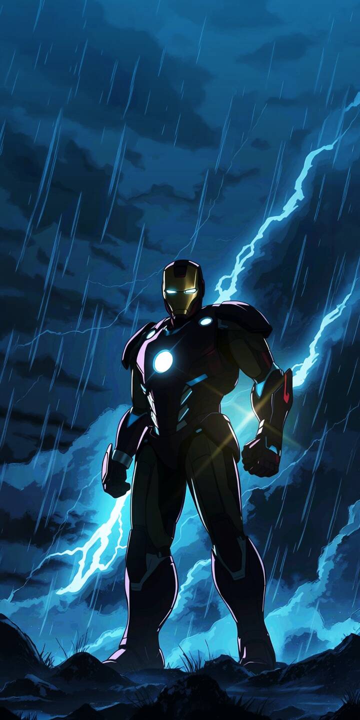 Vibrant blue lightning flashes around Iron Man as he stands resolute in a heavy downpour, his arc reactor casting an intense glow in this dramatic 4K wallpaper. This stunning superhero wallpaper is perfect for any iPhone. | lightning stormy superhero marvel iphone iron man tony stark wallpaper mobile 4k wallpaper hd wallpaper dark aesthetic Vibrant blue lightning flashes around Iron Man as he stands resolute in a heavy downpour, his arc reactor casting an intense glow in this dramatic 4K wallpaper. This stunning superhero wallpaper is perfect for any iPhone.