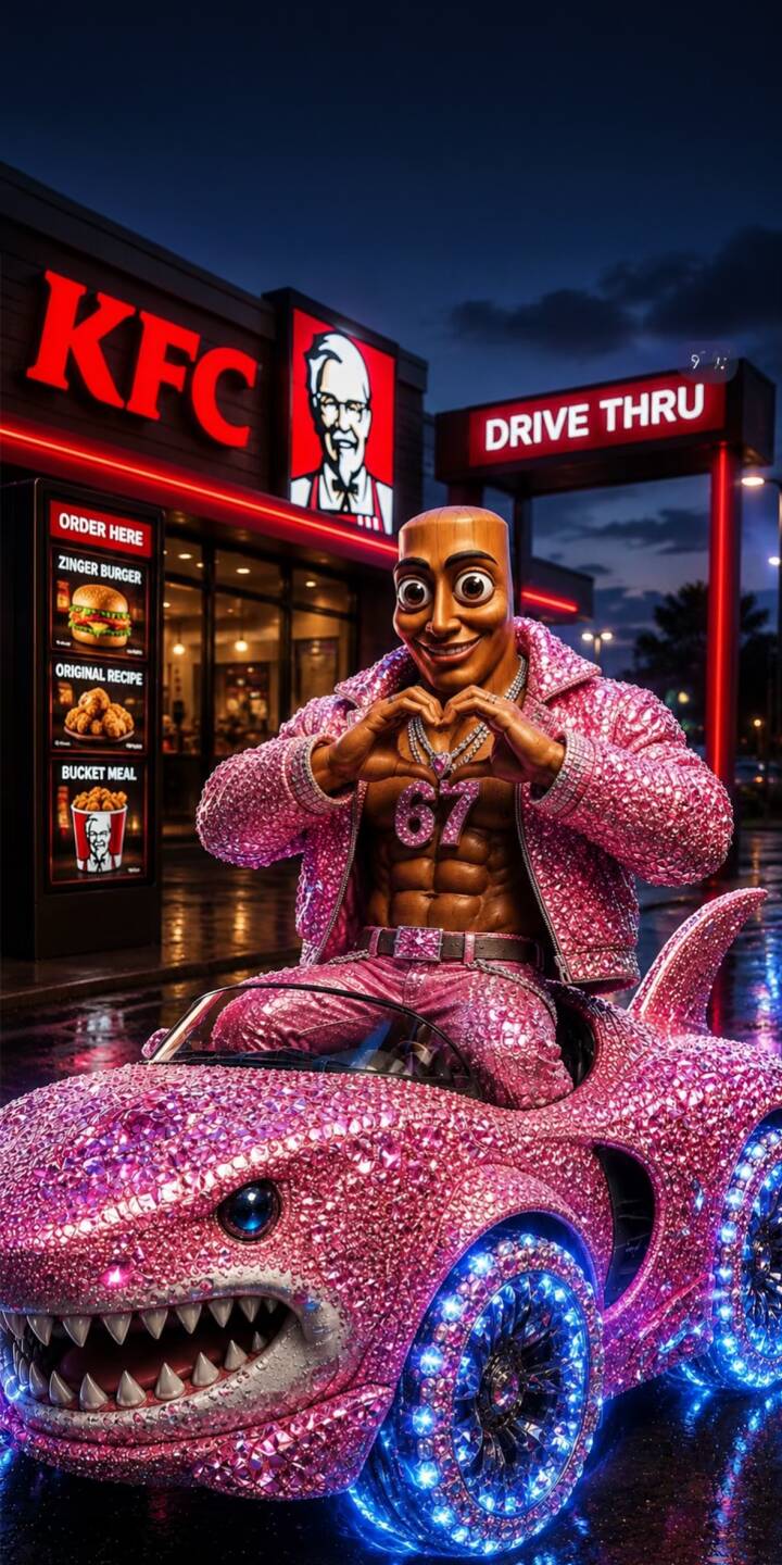 Adorned head-to-toe in dazzling pink glitter, this surreal character flashes a heart-hand gesture from his wild shark-shaped car outside a 4K KFC drive-thru
— a truly unique wallpaper for your iPhone. This eye-catching wallpaper features glowing blue wheels and a prominent '67' pendant. | pink aesthetic meme iphone wallpaper mobile 4k wallpaper hd wallpaper surreal glitter shark car sahur tung tung tung sahur tung sahur kfc Adorned head-to-toe in dazzling pink glitter, this surreal character flashes a heart-hand gesture from his wild shark-shaped car outside a 4K KFC drive-thru
— a truly unique wallpaper for your iPhone. This eye-catching wallpaper features glowing blue wheels and a prominent '67' pendant.