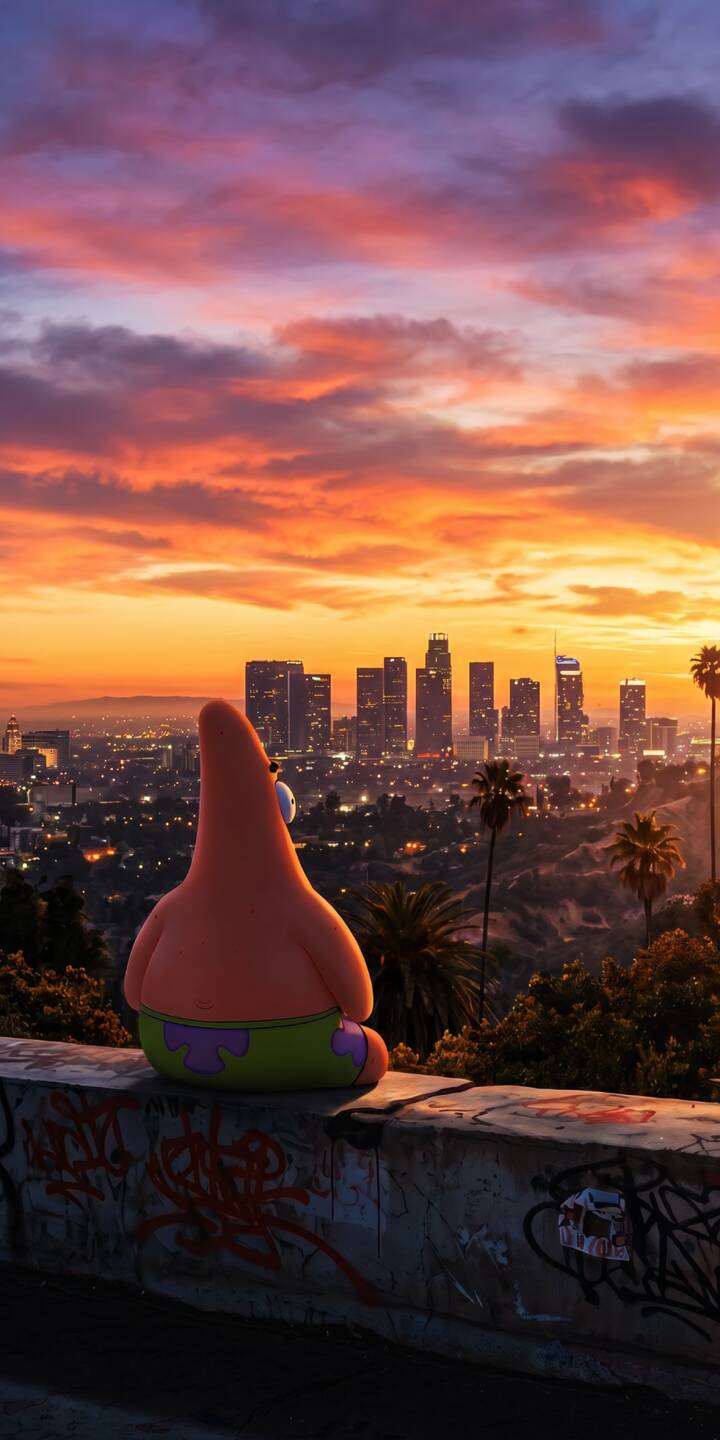 A breathtaking orange and purple sunset blankets the city skyline as Patrick Star quietly observes the urban sprawl from atop a graffiti-covered wall, making for a uniquely serene 4K wallpaper. This captivating Patrick wallpaper is a perfect fit for any iPhone, adding a touch of whimsical contemplation to your screen. | cartoon aesthetic spongebob sunset iphone wallpaper patrick star mobile 4k wallpaper hd wallpaper cityscape A breathtaking orange and purple sunset blankets the city skyline as Patrick Star quietly observes the urban sprawl from atop a graffiti-covered wall, making for a uniquely serene 4K wallpaper. This captivating Patrick wallpaper is a perfect fit for any iPhone, adding a touch of whimsical contemplation to your screen.