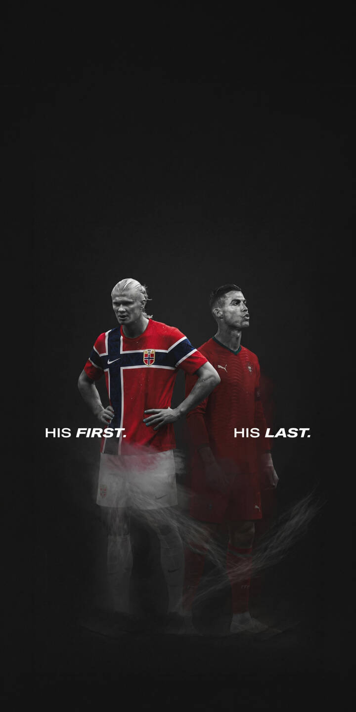 Erling Haaland stands prominently in his Norway kit, a striking contrast to the faded image of Cristiano Ronaldo in red, symbolizing a passing generation in this powerful 4K football wallpaper for iPhone. This iconic wallpaper captures the "His First. His Last." narrative beautifully. | sports football iphone ronaldo soccer minimal wallpaper haaland mobile 4k wallpaper hd wallpaper legacy Erling Haaland stands prominently in his Norway kit, a striking contrast to the faded image of Cristiano Ronaldo in red, symbolizing a passing generation in this powerful 4K football wallpaper for iPhone. This iconic wallpaper captures the "His First. His Last." narrative beautifully.
