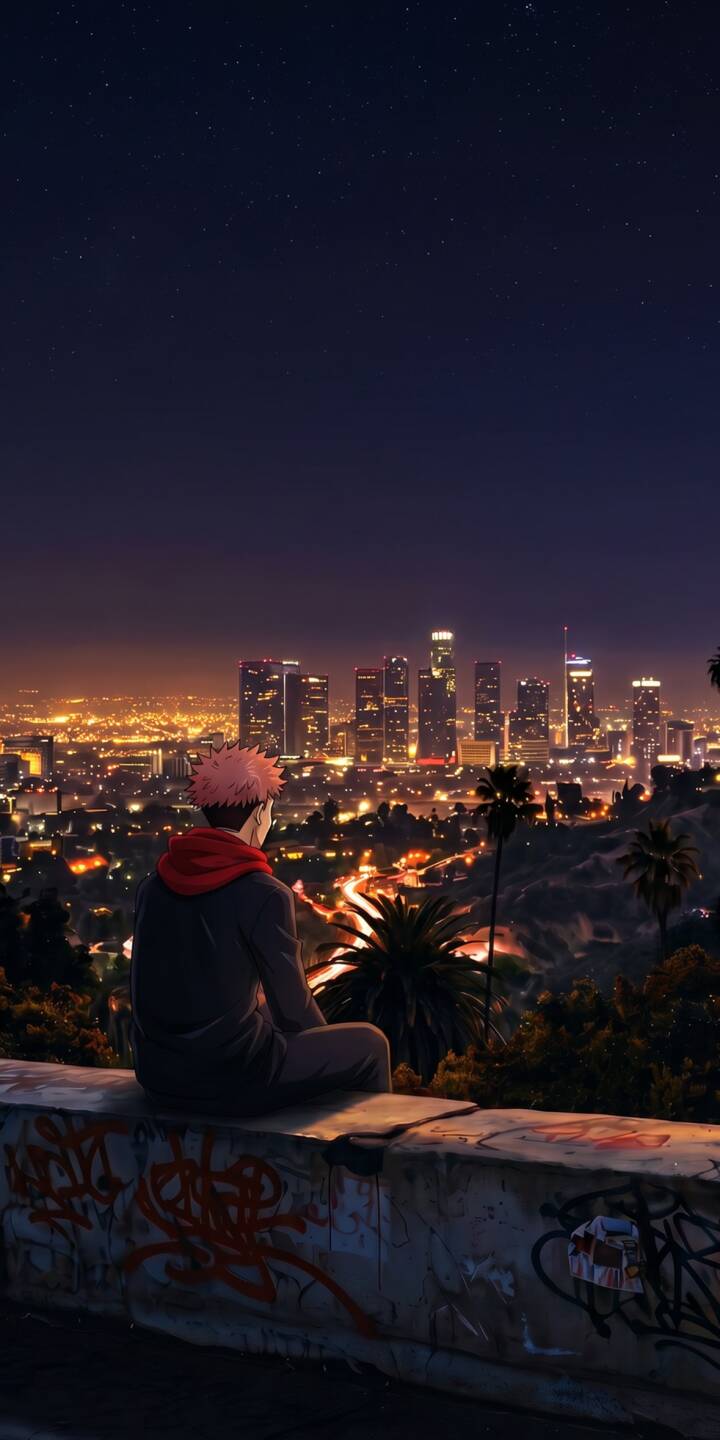 The vibrant city lights twinkle below as Itadori Yuji, recognizable by his pink hair and red hoodie, sits contemplatively on a graffiti-covered wall under a clear, starry night sky. This stunning 4K wallpaper offers an aesthetic urban view, perfect as a mobile wallpaper for your iPhone. | aesthetic urban night anime iphone wallpaper mobile 4k wallpaper hd wallpaper itadori yuji jujutsu kaisen cityscape The vibrant city lights twinkle below as Itadori Yuji, recognizable by his pink hair and red hoodie, sits contemplatively on a graffiti-covered wall under a clear, starry night sky. This stunning 4K wallpaper offers an aesthetic urban view, perfect as a mobile wallpaper for your iPhone.