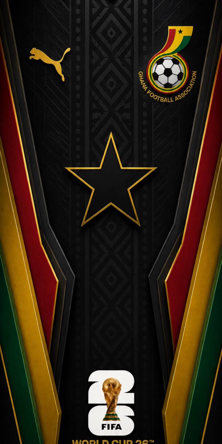 The prominent Ghana Football Association crest, featuring the iconic black star and national colors, shines brightly amidst elegant gold accents in this dynamic 4K wallpaper. This visually striking design, complete with the FIFA World Cup 26 emblem, makes an ideal patriotic wallpaper for iPhone users showcasing national pride. | iphone soccer wallpaper mobile 4k wallpaper hd wallpaper sports aesthetic patriotic black stars fifa world cup ghana ghana football The prominent Ghana Football Association crest, featuring the iconic black star and national colors, shines brightly amidst elegant gold accents in this dynamic 4K wallpaper. This visually striking design, complete with the FIFA World Cup 26 emblem, makes an ideal patriotic wallpaper for iPhone users showcasing national pride.