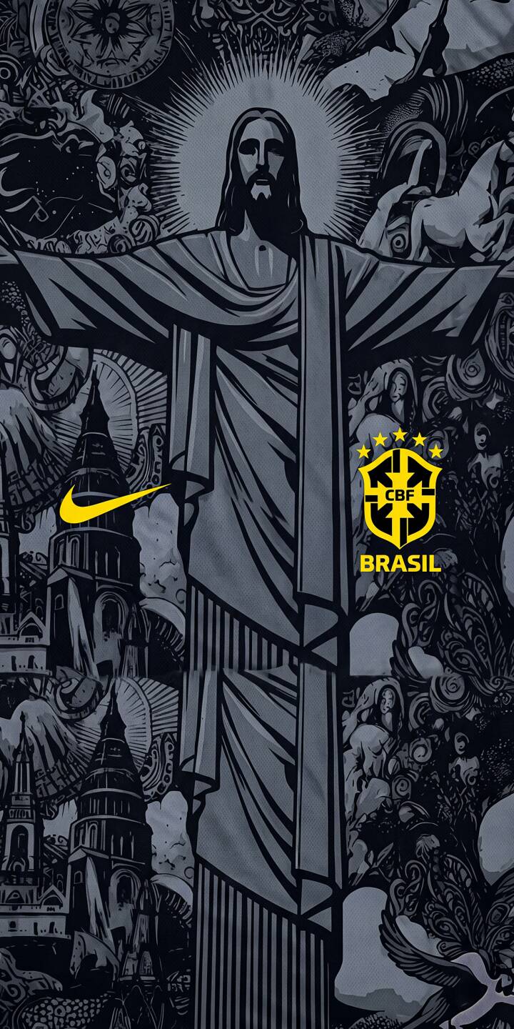 A stylized Christ the Redeemer figure emerges from a detailed, monochromatic backdrop, radiating with a yellow halo. Prominent yellow Nike and CBF Brasil logos signify national pride in this striking 4K wallpaper, making it an iconic choice for iPhone enthusiasts. | iphone wallpaper mobile jesus christ 4k wallpaper hd wallpaper dark aesthetic graphic art brazil football christ the redeemer nike logo cbf brasil A stylized Christ the Redeemer figure emerges from a detailed, monochromatic backdrop, radiating with a yellow halo. Prominent yellow Nike and CBF Brasil logos signify national pride in this striking 4K wallpaper, making it an iconic choice for iPhone enthusiasts.