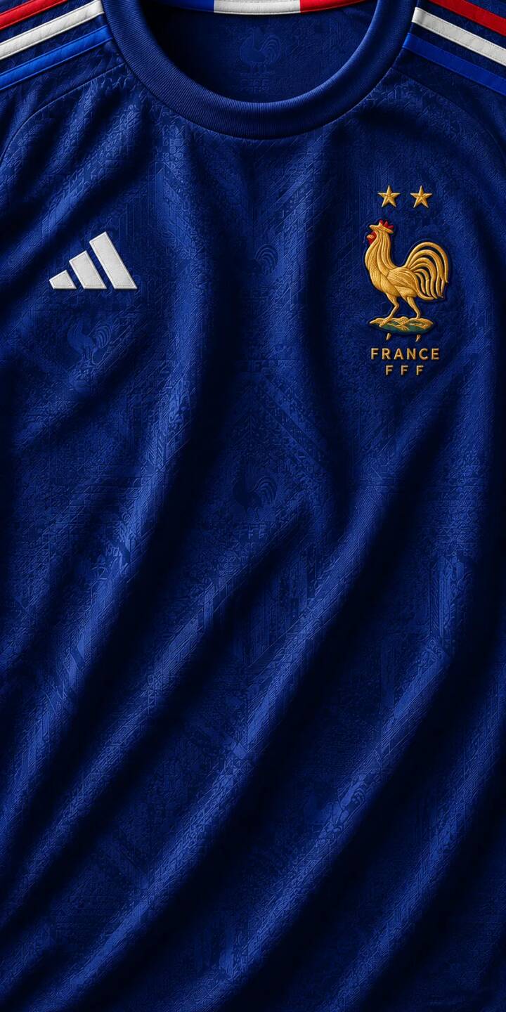 The deep blue fabric of the France national football team jersey features a subtle pattern, proudly displaying the golden rooster emblem and two stars in this crisp 4K wallpaper. This stunning wallpaper is perfect for any iPhone to show support for Les Bleus. | football iphone france soccer wallpaper jersey mobile blue aesthetic 4k wallpaper hd wallpaper french national team coq gaulois The deep blue fabric of the France national football team jersey features a subtle pattern, proudly displaying the golden rooster emblem and two stars in this crisp 4K wallpaper. This stunning wallpaper is perfect for any iPhone to show support for Les Bleus.