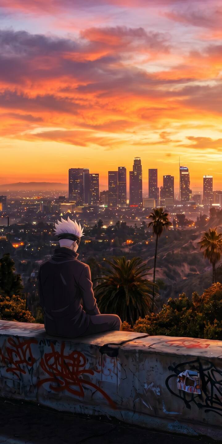 Vibrant orange and purple clouds paint a dramatic sunset sky as Satoru Gojo sits on a graffiti-covered ledge, overlooking a sprawling city skyline; this breathtaking 4K wallpaper for iPhone is a stunning visual treat. This scenic anime wallpaper perfectly blends urban beauty with a calm, contemplative mood. | aesthetic sunset anime iphone wallpaper gojo mobile 4k wallpaper hd wallpaper jujutsu kaisen cityscape satoru gojo jjk Vibrant orange and purple clouds paint a dramatic sunset sky as Satoru Gojo sits on a graffiti-covered ledge, overlooking a sprawling city skyline; this breathtaking 4K wallpaper for iPhone is a stunning visual treat. This scenic anime wallpaper perfectly blends urban beauty with a calm, contemplative mood.