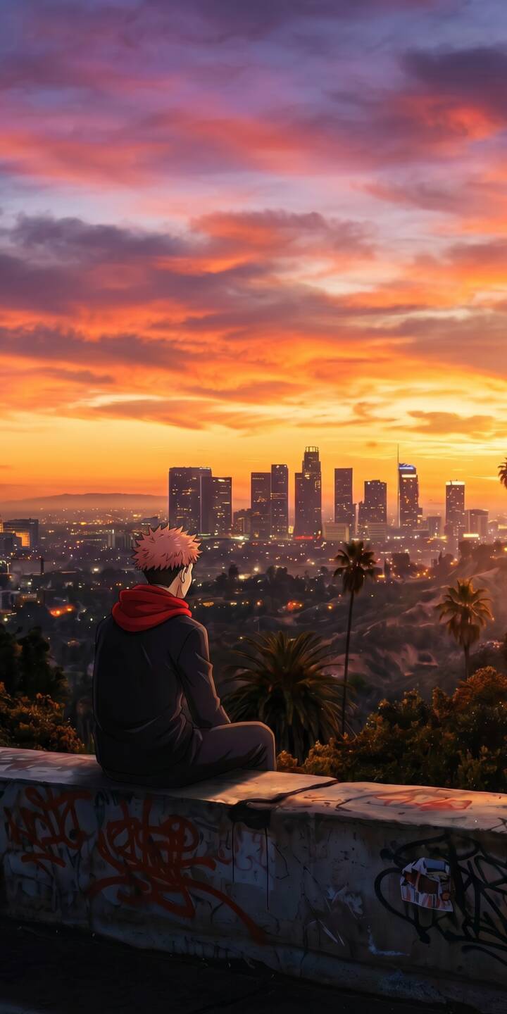 The vibrant orange and purple hues of the sunset paint the sky above a sprawling cityscape as Itadori sits reflectively on a graffiti-covered wall in this stunning 4K wallpaper for iPhone. This serene wallpaper perfectly captures a moment of quiet contemplation amidst urban beauty. | aesthetic sunset urban anime iphone wallpaper mobile 4k wallpaper hd wallpaper jujutsu kaisen cityscape yuji itadori The vibrant orange and purple hues of the sunset paint the sky above a sprawling cityscape as Itadori sits reflectively on a graffiti-covered wall in this stunning 4K wallpaper for iPhone. This serene wallpaper perfectly captures a moment of quiet contemplation amidst urban beauty.