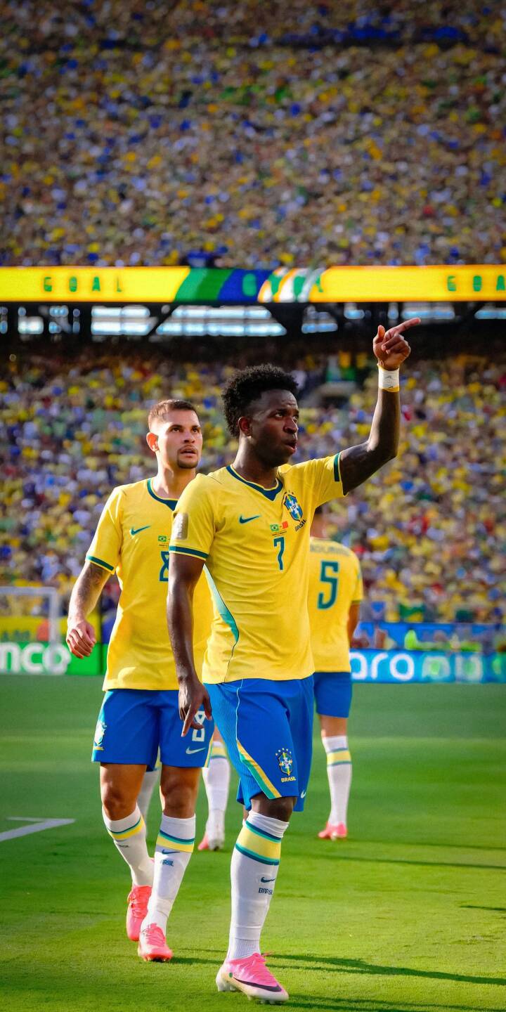 Vinicius Jr points skyward in his vibrant yellow Brazil jersey, celebrating a moment on the pitch against a backdrop of cheering fans in this dynamic 4K wallpaper. This inspiring Vinicius Jr wallpaper is perfect for personalizing your iPhone with a touch of football passion. | football stadium celebration iphone wallpaper brazil vinicius jr mobile 4k wallpaper hd wallpaper Vinicius Jr points skyward in his vibrant yellow Brazil jersey, celebrating a moment on the pitch against a backdrop of cheering fans in this dynamic 4K wallpaper. This inspiring Vinicius Jr wallpaper is perfect for personalizing your iPhone with a touch of football passion.