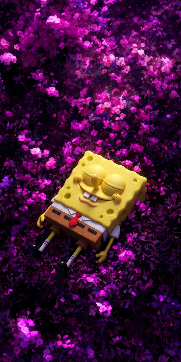 Spongebob Squarepants rests peacefully with his eyes closed amidst a bed of glowing purple flowers in this enchanting 4K wallpaper. This captivating scene makes for an ideal wallpaper for your iPhone. | cartoon aesthetic spongebob iphone wallpaper mobile spongebob squarepants 4k wallpaper hd wallpaper dreamy purple flowers 3d art Spongebob Squarepants rests peacefully with his eyes closed amidst a bed of glowing purple flowers in this enchanting 4K wallpaper. This captivating scene makes for an ideal wallpaper for your iPhone.