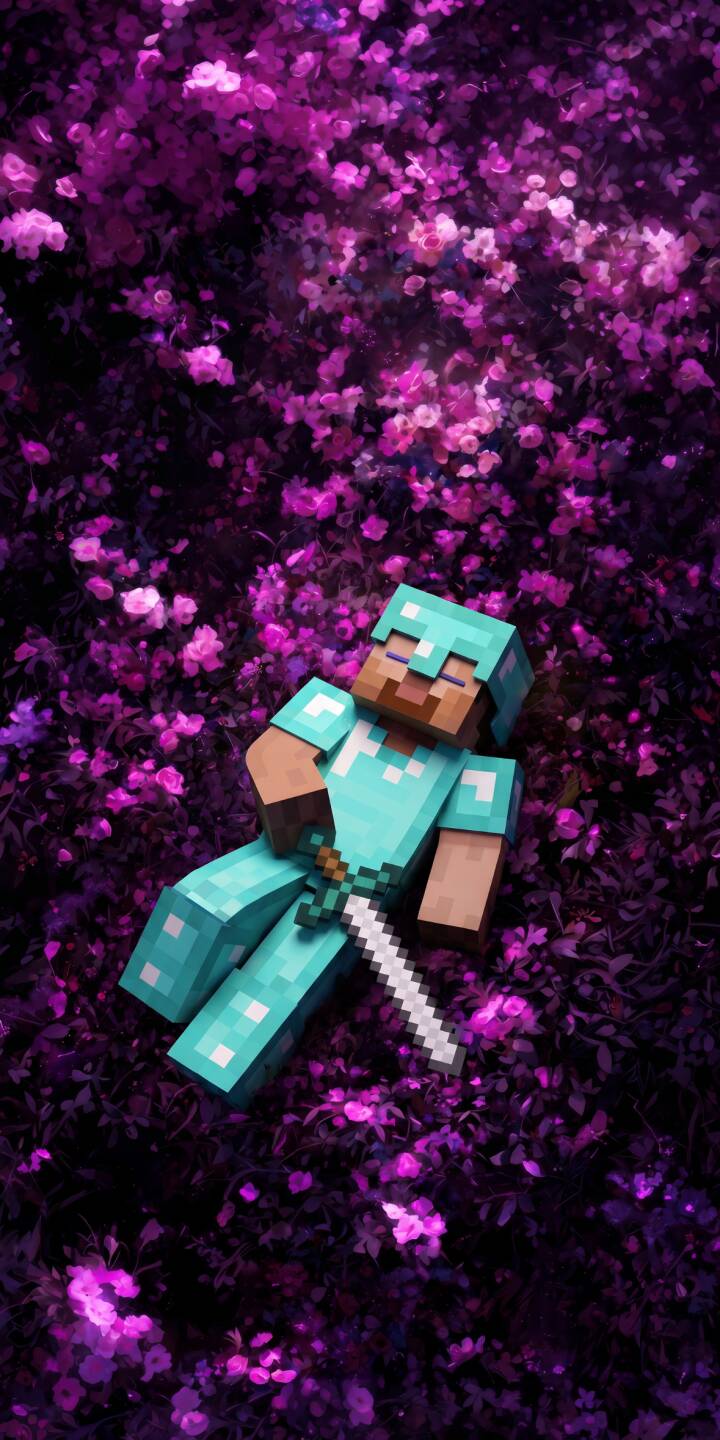 Steve's iconic diamond armor gleams subtly as he rests amidst a dreamlike bed of vibrant purple flowers in this tranquil 4K wallpaper, making for a unique Minecraft wallpaper for iPhone. | aesthetic minecraft iphone fantasy gaming wallpaper steve mobile 4k wallpaper hd wallpaper purple flowers diamond armor Steve's iconic diamond armor gleams subtly as he rests amidst a dreamlike bed of vibrant purple flowers in this tranquil 4K wallpaper, making for a unique Minecraft wallpaper for iPhone.