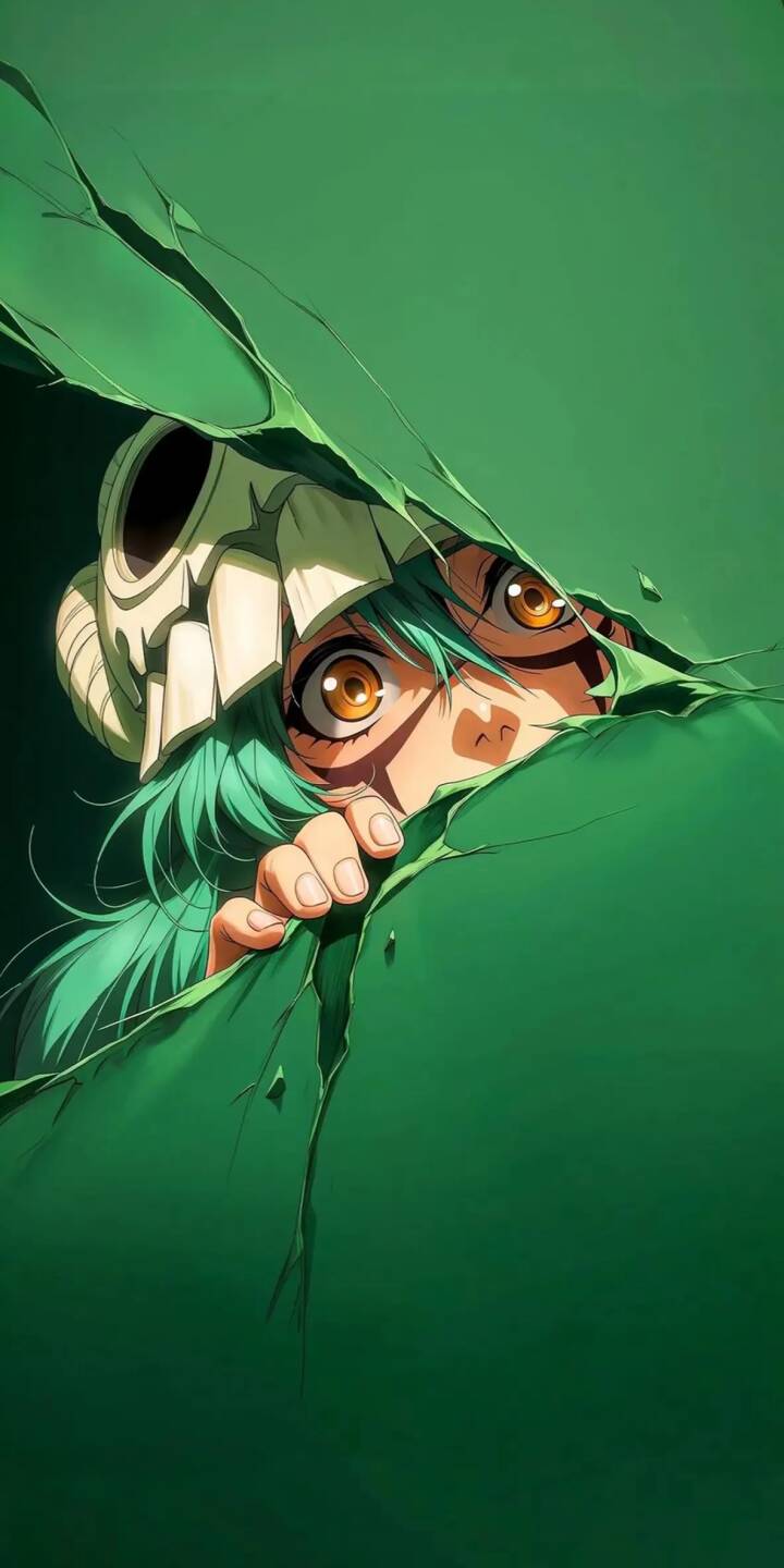 Nelliel's wide, curious golden eyes peek out from behind a vibrant green fissure, her teal hair and signature broken skull mask partially visible in this stunning 4K anime wallpaper. This expressive character wallpaper is a must-have for any Bleach fan looking to personalize their iPhone. | green anime iphone wallpaper mobile bleach 4k wallpaper hd wallpaper peeking curious nelliel nell Nelliel's wide, curious golden eyes peek out from behind a vibrant green fissure, her teal hair and signature broken skull mask partially visible in this stunning 4K anime wallpaper. This expressive character wallpaper is a must-have for any Bleach fan looking to personalize their iPhone.