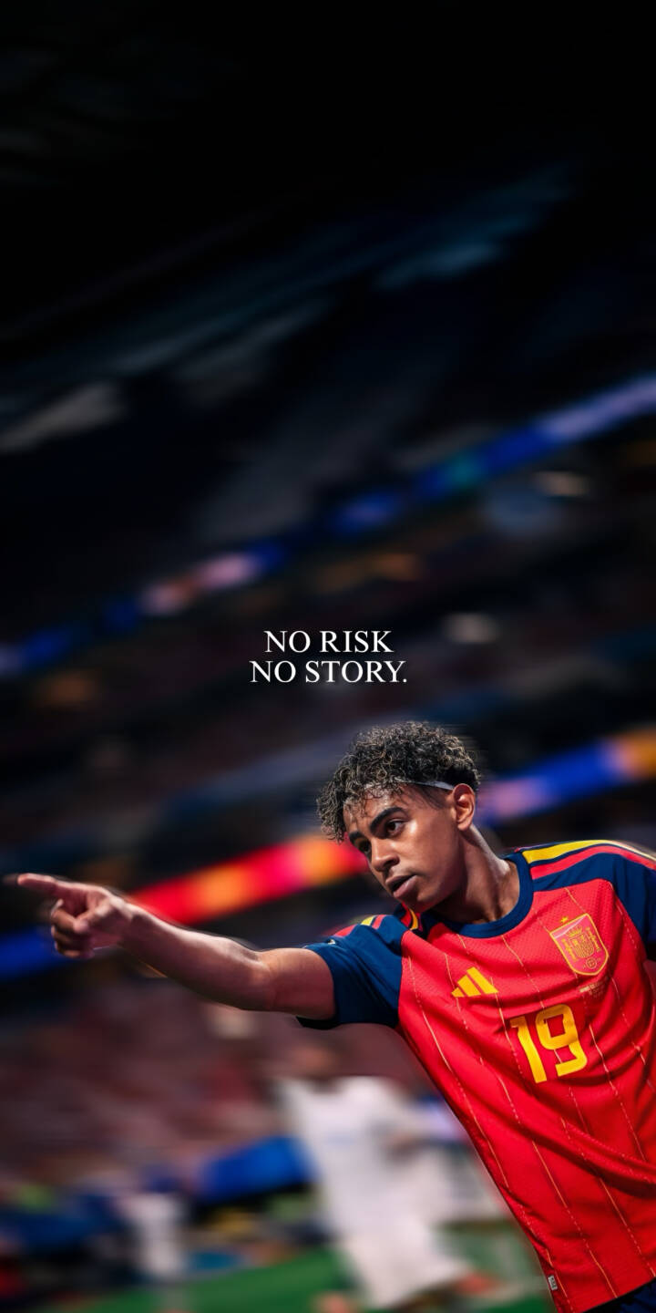Lamine Yamal intently points forward in his Spain #19 jersey, beneath the motivating phrase "NO RISK NO STORY." This powerful 4K wallpaper makes an inspiring wallpaper for iPhone users. | sports football quote iphone soccer spain wallpaper lamine yamal mobile 4k wallpaper hd wallpaper inspirational Lamine Yamal intently points forward in his Spain #19 jersey, beneath the motivating phrase "NO RISK NO STORY." This powerful 4K wallpaper makes an inspiring wallpaper for iPhone users.
