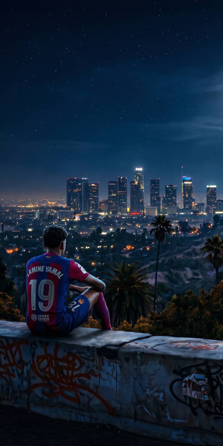 The vibrant city lights of a sprawling metropolis glow under a stunning starry sky as Lamine Yamal, wearing his iconic number 19 Barcelona jersey, contemplates the view in this epic 4K wallpaper; a perfect mobile wallpaper for iPhone, capturing a moment of serene ambition. | football aesthetic iphone wallpaper starry night lamine yamal fc barcelona mobile 4k wallpaper hd wallpaper cityscape night city The vibrant city lights of a sprawling metropolis glow under a stunning starry sky as Lamine Yamal, wearing his iconic number 19 Barcelona jersey, contemplates the view in this epic 4K wallpaper; a perfect mobile wallpaper for iPhone, capturing a moment of serene ambition.