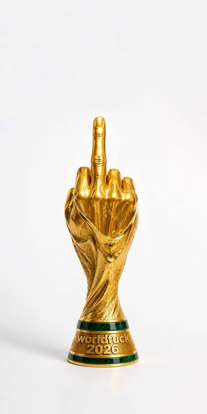 A gleaming golden trophy, provocatively shaped like a middle finger, stands boldly on a clean white background in this striking 4K wallpaper. Emblazoned with "worldfuck 2026" and green bands around its base, this distinctive and satirical wallpaper is perfect for any iPhone. | iphone wallpaper mobile 4k wallpaper hd wallpaper controversial satire golden trophy middle finger statement art worldfuck 2026 protest art A gleaming golden trophy, provocatively shaped like a middle finger, stands boldly on a clean white background in this striking 4K wallpaper. Emblazoned with "worldfuck 2026" and green bands around its base, this distinctive and satirical wallpaper is perfect for any iPhone.
