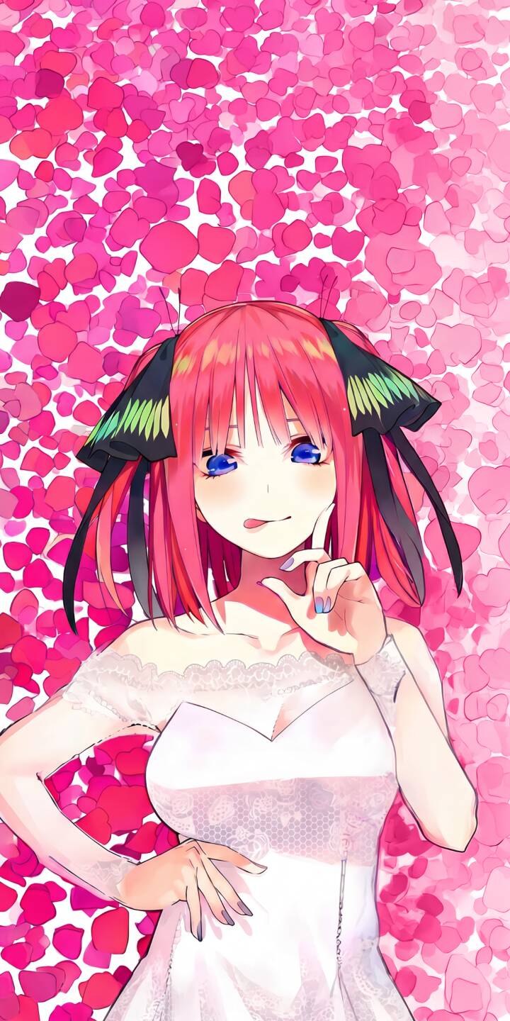 A cheerful Nino Nakano playfully winks with a subtle tongue peek, surrounded by a vibrant pink heart background in this stunning 4K wallpaper. This charming anime girl wallpaper is perfect for your iPhone, showcasing her signature butterfly ribbons and delicate lace dress. | anime cute iphone wallpaper mobile wedding dress 4k wallpaper hd wallpaper pink hearts nino nakano the quintessential quintuplets A cheerful Nino Nakano playfully winks with a subtle tongue peek, surrounded by a vibrant pink heart background in this stunning 4K wallpaper. This charming anime girl wallpaper is perfect for your iPhone, showcasing her signature butterfly ribbons and delicate lace dress.