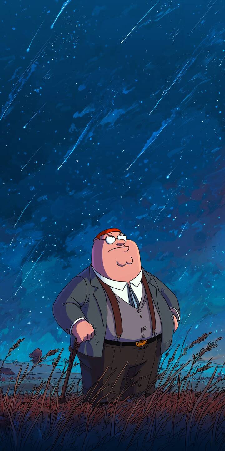 A shower of glowing meteors streaks across the deep blue night sky as Peter Griffin, in a distinguished suit and suspenders, gazes upward with a contemplative expression from a field of tall grass. This serene 4K wallpaper offers a unique take on the iconic character, making it a perfect aesthetic wallpaper for iPhone. | night sky animated iphone wallpaper family guy mobile peter griffin meteor shower 4k wallpaper hd wallpaper contemplative stargazing A shower of glowing meteors streaks across the deep blue night sky as Peter Griffin, in a distinguished suit and suspenders, gazes upward with a contemplative expression from a field of tall grass. This serene 4K wallpaper offers a unique take on the iconic character, making it a perfect aesthetic wallpaper for iPhone.