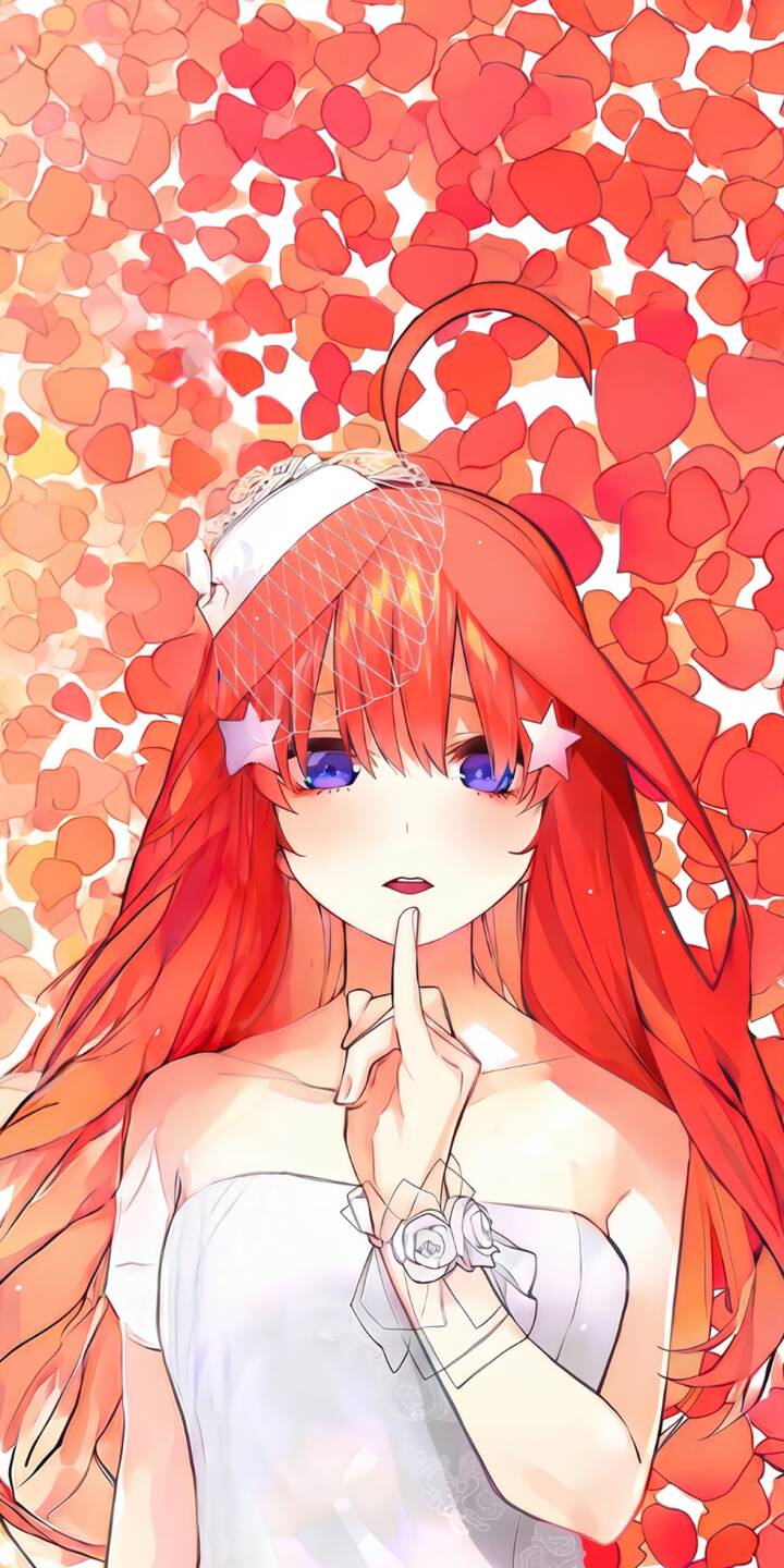 A gentle 'shhh' gesture from Itsuki Nakano captures a moment of serene beauty, surrounded by a romantic cascade of vibrant red heart-shaped petals, making this stunning 4K wallpaper perfect for iPhone. Her long red hair and purple eyes, adorned with star-shaped accents, beautifully complement the elegant white bridal gown in this captivating anime wallpaper. | anime iphone wallpaper mobile romantic 4k wallpaper hd wallpaper quintessential quintuplets red petals bridal itsuki nakano itsuki A gentle 'shhh' gesture from Itsuki Nakano captures a moment of serene beauty, surrounded by a romantic cascade of vibrant red heart-shaped petals, making this stunning 4K wallpaper perfect for iPhone. Her long red hair and purple eyes, adorned with star-shaped accents, beautifully complement the elegant white bridal gown in this captivating anime wallpaper.