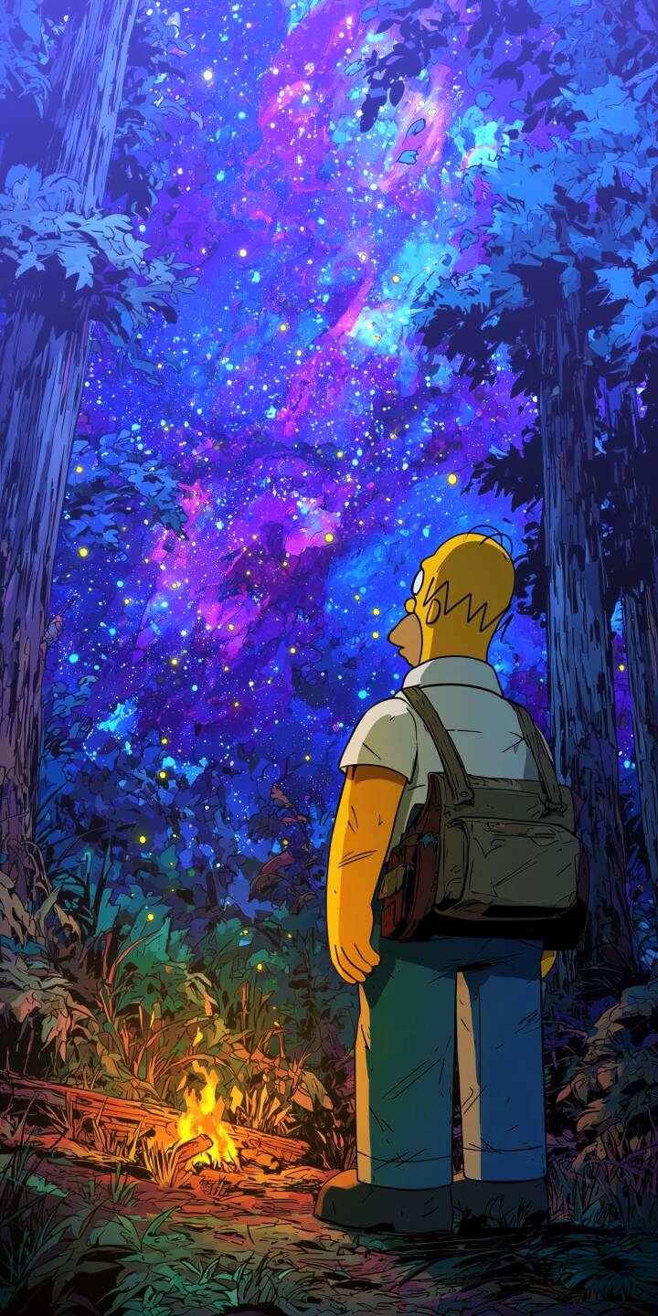The magical forest canopy bursts with a vibrant cosmic galaxy as Homer Simpson, backpack on, gazes upward in this stunning 4K wallpaper. Perfect for iPhone, this enchanting wallpaper captures a serene moment with glowing foliage and a warm campfire at his feet, making it an unforgettable choice. | aesthetic forest campfire iphone fantasy galaxy wallpaper mobile homer simpson the simpsons 4k wallpaper hd wallpaper The magical forest canopy bursts with a vibrant cosmic galaxy as Homer Simpson, backpack on, gazes upward in this stunning 4K wallpaper. Perfect for iPhone, this enchanting wallpaper captures a serene moment with glowing foliage and a warm campfire at his feet, making it an unforgettable choice.