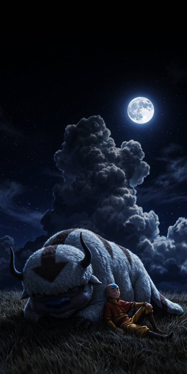 A brilliant full moon casts an ethereal glow over Aang and Appa as they rest peacefully under a dark, star-filled night sky in this stunning 4K wallpaper. This heartwarming scene makes a perfect wallpaper for your iPhone, capturing a moment of serenity and friendship. | night moon iphone wallpaper mobile 4k wallpaper hd wallpaper serene avatar the last airbender aang atla appa A brilliant full moon casts an ethereal glow over Aang and Appa as they rest peacefully under a dark, star-filled night sky in this stunning 4K wallpaper. This heartwarming scene makes a perfect wallpaper for your iPhone, capturing a moment of serenity and friendship.