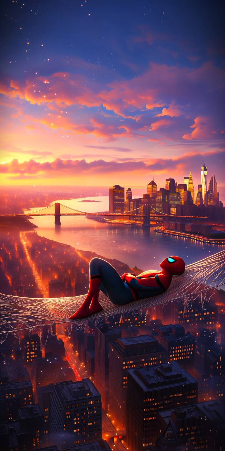 A breathtaking sunset sky bursts with vibrant orange and purple hues as Spider-Man peacefully rests in a delicate web hammock above a glittering metropolis in this stunning 4K wallpaper — an ideal iPhone wallpaper for any Marvel fan. | aesthetic sunset superhero marvel spiderman iphone wallpaper mobile 4k wallpaper hd wallpaper spider-man cityscape A breathtaking sunset sky bursts with vibrant orange and purple hues as Spider-Man peacefully rests in a delicate web hammock above a glittering metropolis in this stunning 4K wallpaper — an ideal iPhone wallpaper for any Marvel fan.