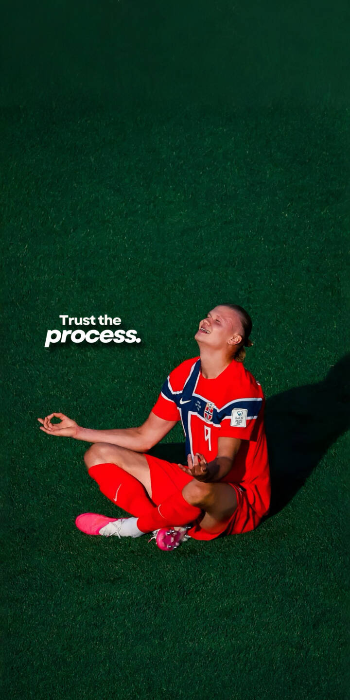 Erling Haaland's serene expression as he meditates with closed eyes on the vibrant green pitch creates an inspiring 4K wallpaper, featuring the motivational text 'Trust the process.' This unique wallpaper is perfect for iPhone users seeking focus. | football iphone soccer wallpaper haaland meditation mobile erling haaland 4k wallpaper hd wallpaper zen inspirational Erling Haaland's serene expression as he meditates with closed eyes on the vibrant green pitch creates an inspiring 4K wallpaper, featuring the motivational text 'Trust the process.' This unique wallpaper is perfect for iPhone users seeking focus.