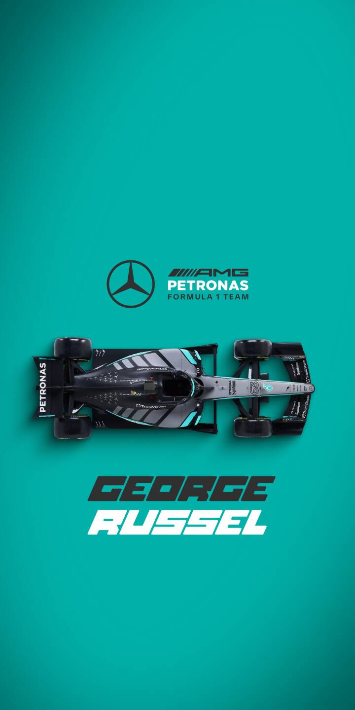 A striking top-down view of the Mercedes-AMG F1 W14 car, driven by George Russell, dominates this vivid 4K wallpaper with its sleek black and grey livery against a vibrant teal background. This iconic racing car wallpaper is perfect for personalizing your iPhone screen. | race car teal iphone minimalist motorsport wallpaper formula 1 mobile 4k wallpaper hd wallpaper mercedes f1 george russell A striking top-down view of the Mercedes-AMG F1 W14 car, driven by George Russell, dominates this vivid 4K wallpaper with its sleek black and grey livery against a vibrant teal background. This iconic racing car wallpaper is perfect for personalizing your iPhone screen.