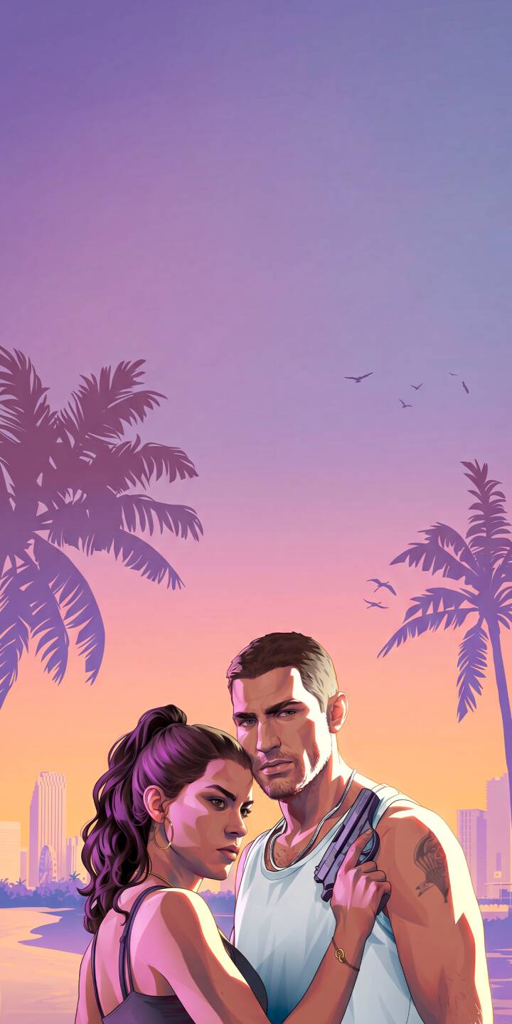 The iconic purple and orange sunset of Vice City paints the sky behind Lucia and Jason, the bold protagonists of GTA VI, in this striking 4K wallpaper. Their intimate pose, coupled with his casual grip on a handgun and her intense gaze, makes this an essential iPhone wallpaper for any fan. | aesthetic sunset jason iphone vice city gaming wallpaper mobile lucia 4k wallpaper hd wallpaper grand theft auto vi The iconic purple and orange sunset of Vice City paints the sky behind Lucia and Jason, the bold protagonists of GTA VI, in this striking 4K wallpaper. Their intimate pose, coupled with his casual grip on a handgun and her intense gaze, makes this an essential iPhone wallpaper for any fan.