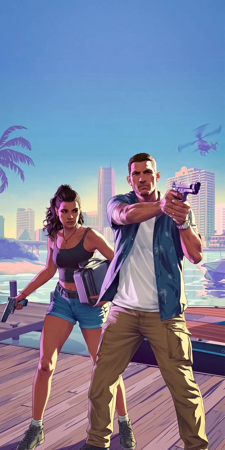 A vibrant tropical skyline with palm trees and a helicopter frames the determined duo, guns drawn on a sun-drenched pier in this exciting 4K Grand Theft Auto VI wallpaper. This essential iPhone wallpaper truly brings the Vice City aesthetic to life. | jason iphone vice city wallpaper mobile gta 6 lucia 4k wallpaper hd wallpaper gaming art grand theft auto vi action duo A vibrant tropical skyline with palm trees and a helicopter frames the determined duo, guns drawn on a sun-drenched pier in this exciting 4K Grand Theft Auto VI wallpaper. This essential iPhone wallpaper truly brings the Vice City aesthetic to life.