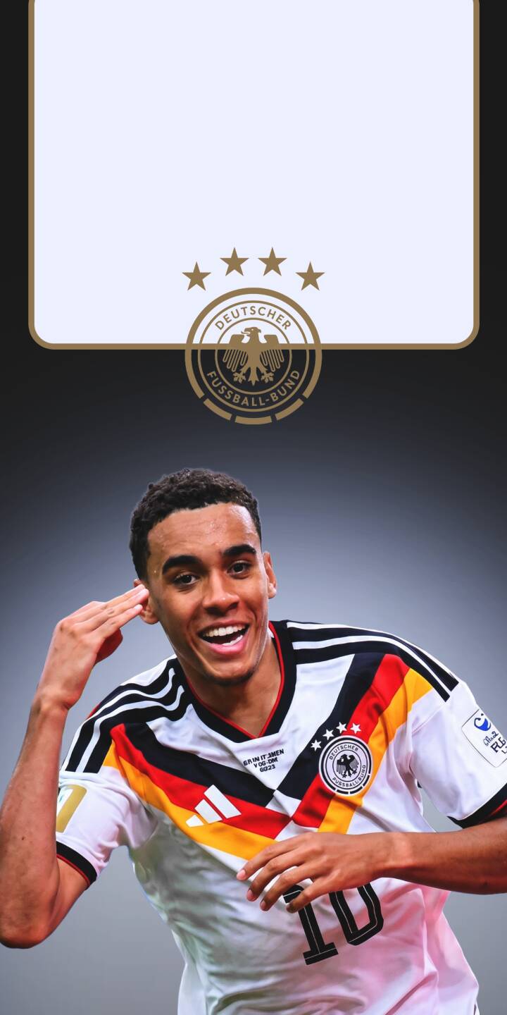 A vibrant Jamal Musiala grins with pride, hand raised in a celebratory pose while wearing the iconic Germany national team jersey with number 10, perfectly rendered in this 4K wallpaper. This stunning football wallpaper is a must-have for any iPhone user and fan of the DFB star. | celebration iphone soccer wallpaper sport mobile 4k wallpaper hd wallpaper musiala jamal musiala dfb germany football A vibrant Jamal Musiala grins with pride, hand raised in a celebratory pose while wearing the iconic Germany national team jersey with number 10, perfectly rendered in this 4K wallpaper. This stunning football wallpaper is a must-have for any iPhone user and fan of the DFB star.